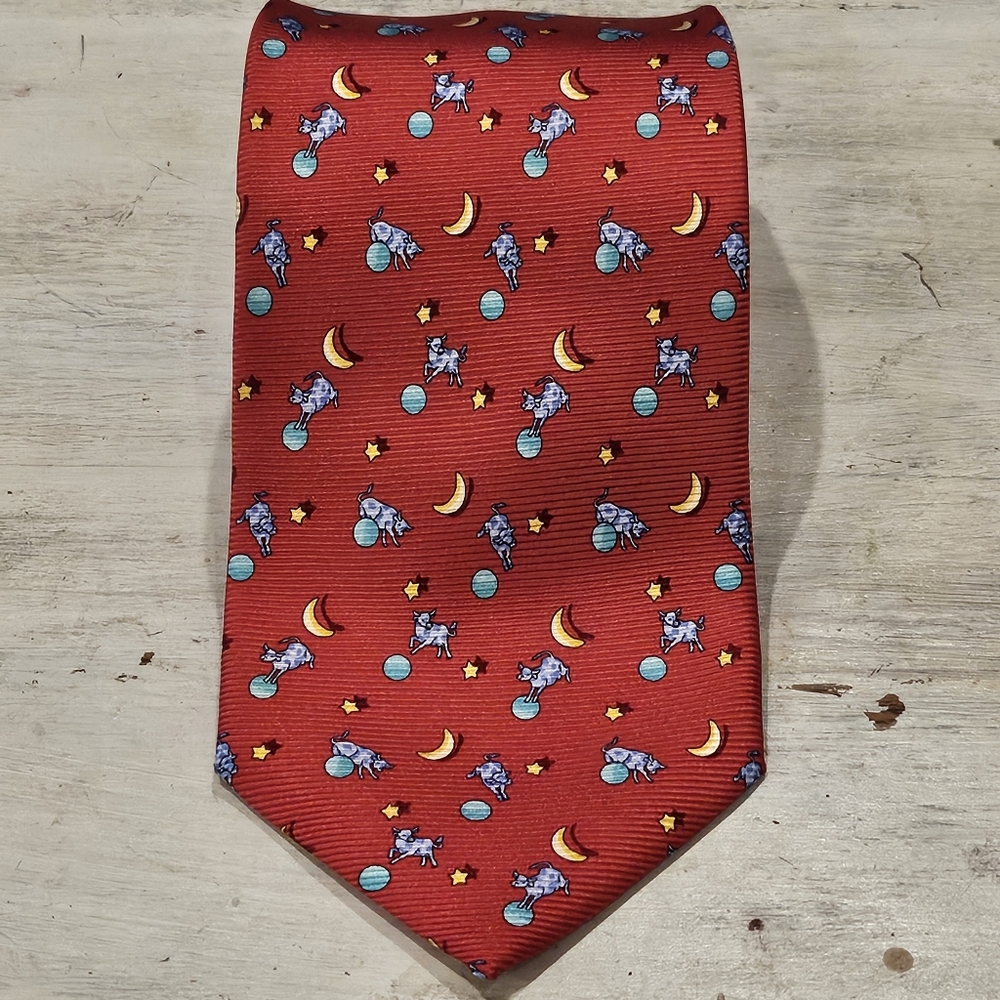 Leonard Paris Silk Men's Tie - Cow Jumping Over The Moon Red AOP - 3.75" Width - Picture 2 of 9